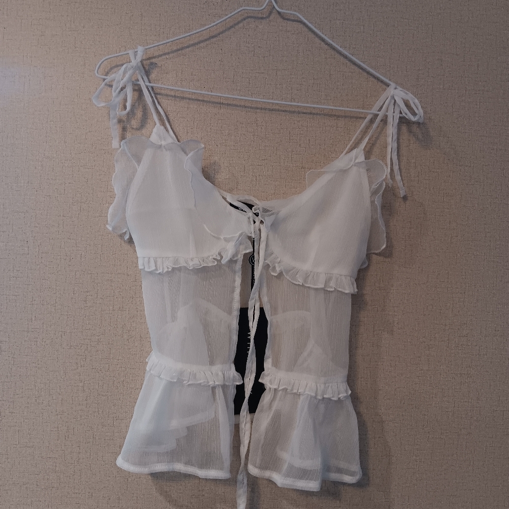 White Fox Boutique Sheer White Ruffle Camisole Top Sz Xs. New - Picture 2 of 5
